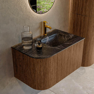 MONDIAZ KURVE-DLUX 75cm Meuble salle de bain avec module 25 G - couleur Walnut - 1 tiroir - 1 porte - vasque GRUNNE droite - 1 trou de robinet - couleur Lava