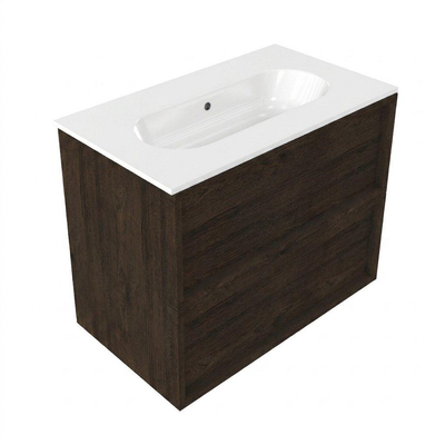 Saniclass Holz Frame Ensemble de meubles de salle de bains - 80x45x73.9cm - lavabo Chaci en céramique blanc - 1 vasque - sans trou de robinet - 2 tiroirs - chêne charcoal mat (bois)