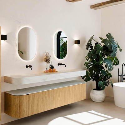 MONDIAZ THOR-DLUX 200cm meuble de salle de bains arrondi gauche + droite couleur Chêne avec 2 tiroirs et 2 portes. Vasque suspendue CLOUD Double sans trou de robinet couleur Opalo.