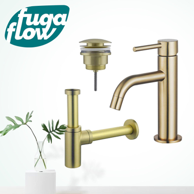FugaFlow Eccelente Sobrado Badkamer Slim Wastafelkraanset - lage wastafelkraan - klikwaste plug - design sifon - PVD Geborsteld Messing