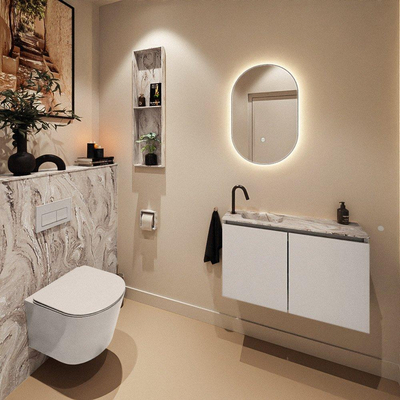 MONDIAZ TURE-DLUX Meuble toilette - 80cm - Linen - EDEN - vasque Glace - position gauche - 1 trou de robinet