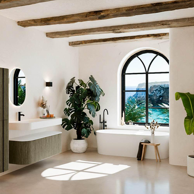 MONDIAZ THOR Meuble de salle de bains 130cm arrondi gauche + droite couleur Shadow avec 1 tiroir et 2 portes. Vasque suspendue CLOUD Gauche 1 trou de robinet couleur Talc.