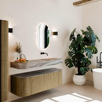 MONDIAZ THOR-DLUX 140cm meuble de salle de bains arrondi gauche + droite couleur Dusk avec 1 tiroir et 2 portes. Vasque suspendue CLOUD Droite sans trou de robinet couleur Sombra.