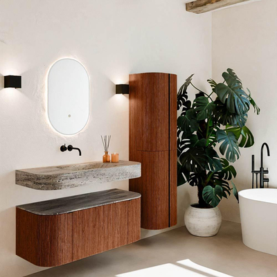 MONDIAZ THOR-DLUX 110cm meuble de salle de bains arrondi gauche + droite couleur Ruby avec 1 tiroir et 2 portes. Vasque suspendue CLOUD Milieu sans trou de robinet couleur Oza.