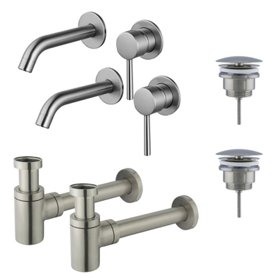FugaFlow Eccelente Sobrado Badkamer Slim Wastafelkraanset - voor dubbele wastafel - inbouw wastafelkraan - always open plug - verlaagde design sifon - PVD Geborsteld RVS
