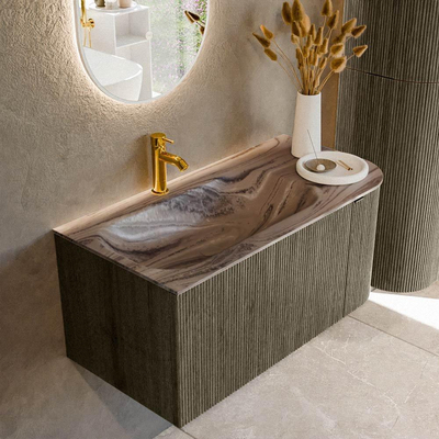 MONDIAZ KURVE-DLUX Meuble de salle de bains 95cm arrondi à droite couleur Shadow avec 1 tiroir et 1 porte. Lavabo BIG SMALL gauche 1 trou de robinet Sombra.