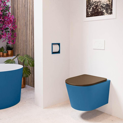 Mondiaz LAVIE hangtoilet – spoelrandloos – 36 x 53 cm – met softclose zitting – Jeans (blauw), zitting Rust (bruin)