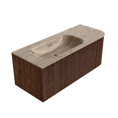 MONDIAZ KURVE-DLUX Meuble de salle de bains 115cm arrondi à droite couleur Walnut avec 1 tiroir et 1 porte. Lavabo BIG SMALL à gauche 1 trou de robinet Arena.