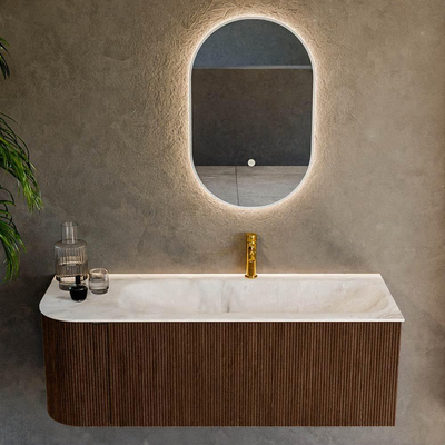 MONDIAZ KURVE-DLUX 125cm badmeubel met module 25 L kleur Walnut met 1 lade en 1 deur. Wastafel BIG MEDIUM rechts 1 kraangat kleur Frappe.