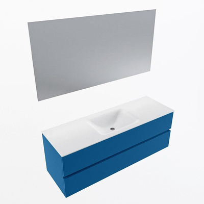 Mondiaz VICA ensemble de meuble de salle de bain - 140cm - meuble sous-vasque jeans - 2 tiroirs - lavabo cloud milieu - 1 trou de robinet - couleur talc - miroir LED - version XL 60cm haut