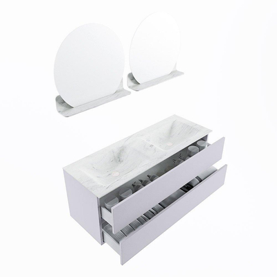 Mondiaz VICA-DLUX ensemble de meuble de salle de bain - 130cm - meuble sous-vasque cale - 2 tiroirs - lavabo encastré cloud double - 2 trous de robinet - version haute de 60cm - opalo