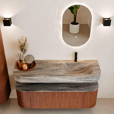 MONDIAZ THOR-DLUX 140cm meuble de salle de bains arrondi gauche + droite couleur Ruby avec 1 tiroir et 2 portes. Vasque suspendue CLOUD Droite 1 trou de robinet couleur Oza.