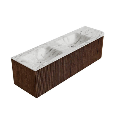 MONDIAZ KURVE-DLUX meuble de salle de bains 155 cm avec module 25 R couleur Walnut avec 2 tiroirs et 1 porte. Lavabo LEAF double / gauche 2 trous de robinet couleur Glace.