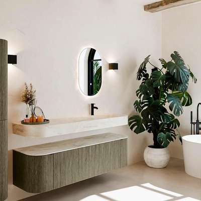 MONDIAZ THOR-DLUX 160cm meuble de salle de bains arrondi gauche + droite couleur Shadow avec 1 tiroir et 2 portes. Vasque suspendue CLOUD Droite 1 trou de robinet couleur Ostra.