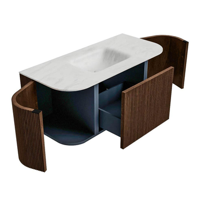 MONDIAZ KURVE-DLUX Meuble de salle de bains 100 cm avec module 25 Len R couleur Walnut avec 1 tiroir et 2 portes. Lavabo GRUNNE central 1 trou de robinet couleur Opalo.