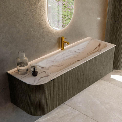 MONDIAZ KURVE-DLUX Meuble de salle de bains 145 cm arrondi à gauche couleur Shadow avec 1 tiroir et 1 porte. Lavabo BIG LARGE à droite 1 trou de robinet Nata.