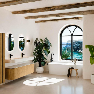 MONDIAZ THOR-DLUX 170cm badmeubel ronding links + rechts kleur Oak met 1 lade en 2 deuren. Vrijhangende wastafel CLOUD Dubbel 2 kraangaten kleur Meli.