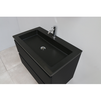 Basic Bella Meuble salle de bains avec lavabo acrylique Noir 80x55x46cm 1 trou de robinet avec miroir et éclairage Noir mat