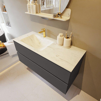 Mondiaz VICA-DLUX ensemble de meuble de salle de bain - 110cm - meuble sous-vasque gris foncé - 2 tiroirs - lavabo encastré cloud gauche - 1 trou de robinet - version haute de 60cm - opalo