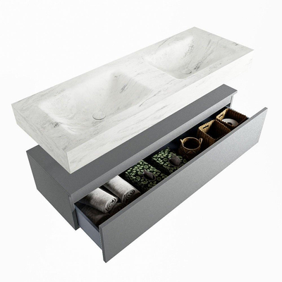 Mondiaz ALAN-DLUX Ensemble de meuble - 130cm - meuble Plata mat - 1 tiroir - Lavabo Cloud Opalo suspendu - vasque Gauche et droite - 2 trous de robinet
