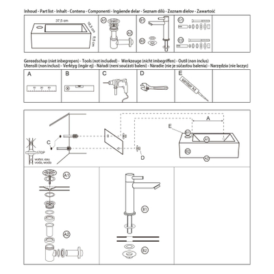 Differnz Helios kit lave-mains - 37,5x18,5x9,5cm - Rectangulaire - 1 trou de robinet gauche - Robinet chromé droit - Céramique blanche