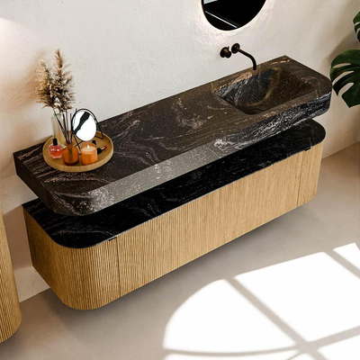 MONDIAZ THOR-DLUX Meuble de salle de bains - 170cm - arrondi gauche + droite - couleur Oak - 1 tiroir et 2 portes - Vasque suspendue CLOUD droite sans trou de robinet - couleur Lava