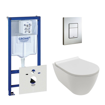 Royal plaza Belbo WC suspendu sans bride blanc mat inclus réservoir encastré, abattant de WC et plaque de commande double chasse vertical horizontal inox