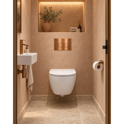 QeramiQ Dely Swirl Compact Ensemble WC - réservoir encastré QeramiQ flush - abattant fin - plaque de commande en métal cuivre - boutons rectangulaires - blanc mat