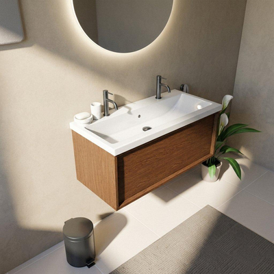 Saniclass Holz Frame Ensemble de meubles de salle de bains - 100x45x43.5cm - Lavabo Bari en céramique blanc - 1 vasque - 2 trous de robinetterie - 1 tiroir - walnut pure mat (bois)