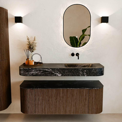 MONDIAZ THOR-DLUX 130cm meuble de salle de bains arrondi gauche + droite couleur Walnut avec 1 tiroir et 2 portes. Vasque suspendue CLOUD droite sans trou de robinet couleur Lava.