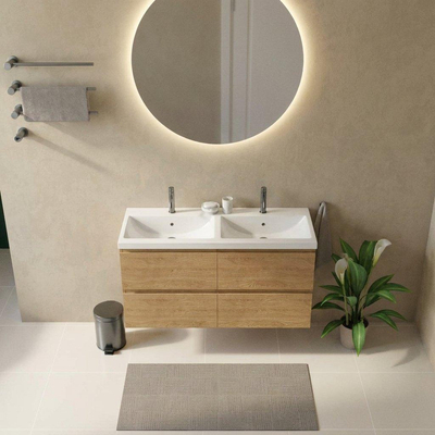 Saniclass Holz Pure Ensemble de meubles de salle de bains - 120x45x63.5cm - Lavabo en céramique Bari blanc - 2 vasques - 2 trous de robinetterie - 4 tiroirs - chêne natural mat (bois)
