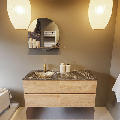 Mondiaz VICA-DLUX ensemble de meuble de salle de bain - 120cm - meuble sous-vasque chêne blanchi - 4 tiroirs - lavabo encastré cloud gauche - 1 trou de robinet - miroir modèle spot - version XL 60cm de haut - lave