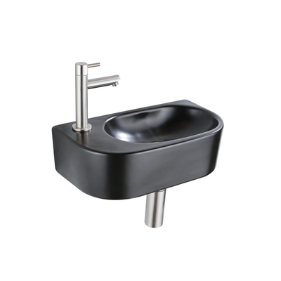 QeramiQ Fuente Ensemble lave-mains - 40x21,5x12cm - gauche - lisse - semi-circulaire - 1 trou de robinet - céramique - robinet de lavabo en inox brossé - bonde - siphon abaissé - noir mat