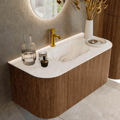 MONDIAZ KURVE-DLUX 100cm Meuble salle de bain avec module 25 G et D - couleur Walnut - 1 tiroir - 2 portes - vasque GRUNNE centre - 1 trou de robinet - couleur Frappe