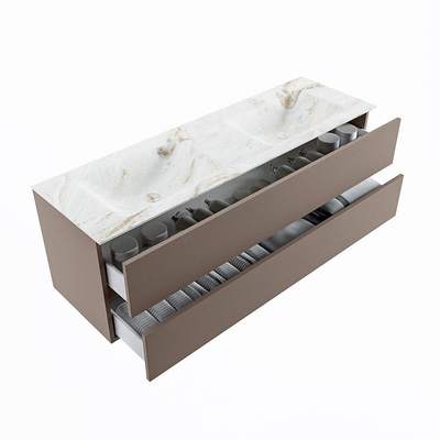 Mondiaz VICA-DLUX Ensemble de meuble de salle de bain - 150cm - meuble sous-vasque fumée - 2 tiroirs - lavabo encastré nuage double - 2 trous de robinet - version haute 60cm - frape