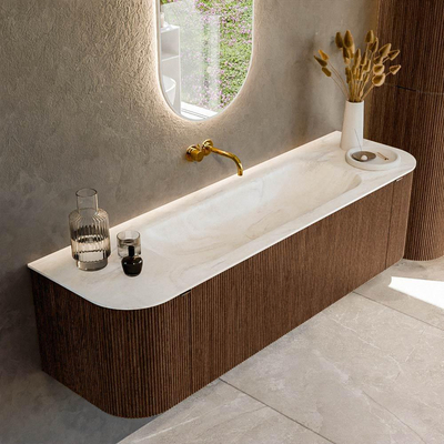 MONDIAZ KURVE-DLUX 160cm badmeubel met module 25 Len R kleur Walnut met 1 lade en 2 deuren. Wastafel BIG MEDIUM midden zonder kraangat kleur Ostra.