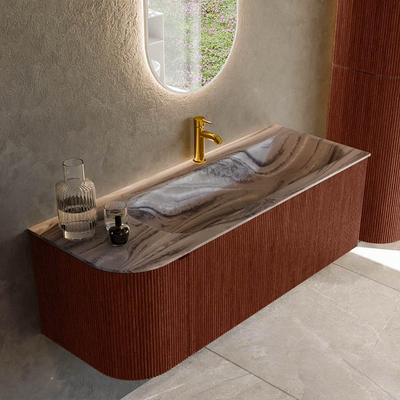MONDIAZ KURVE-DLUX Meuble de salle de bains 125cm arrondi à gauche couleur Ruby avec 1 tiroir et 1 porte. Lavabo BIG MEDIUM à droite 1 trou de robinetterie Sombra.