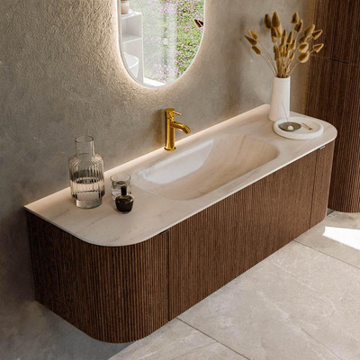 MONDIAZ KURVE-DLUX 140cm badmeubel ronding Links + Rechts kleur Walnut met 1 lade en 2 deuren. Wastafel BIG SMALL Midden 1 kraangat Meli.