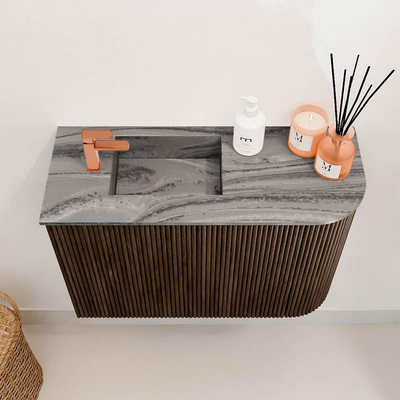 Mondiaz JOYA-DLUX 61.6cm toiletmeubel - ronding rechts kleur Walnut - Wastafel FAYE positie Links 1 kraangat kleur Sombra.
