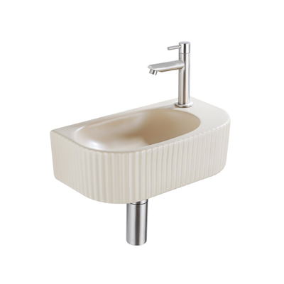 QeramiQ Fuente Ensemble de lave-mains - 40x21.5x12cm - droit - lisse - demi-rond - 1 trou de robinet - céramique - robinet de lave-mains inox brossé - bouchon de vidage - siphon abaissé - beige