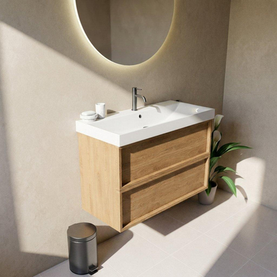 Saniclass Holz Frame Ensemble meuble de salle de bains - 100x45x67.5cm - Wave lavabo en céramique - 1 vasque - 1 trou de robinetterie - 2 tiroirs - chêne natural mat (bois)