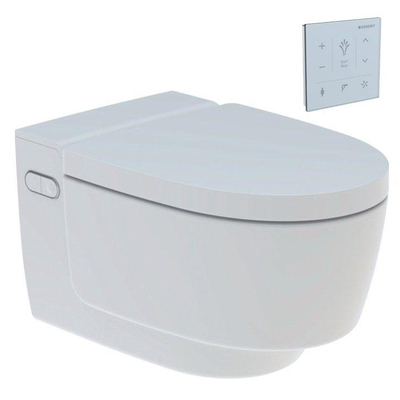 Geberit AquaClean Mera Comfort WC japonais avec aspirateur d'odeur, sècheur air chaude et Ladydouche avec abattant frein de chute et télécommande murale Blanc brillant