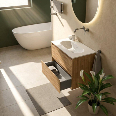 Saniclass Holz Pure Ensemble de meubles de salle de bains - 80x45x73.9cm - Vasque en céramique Chaci blanche - 1 vasque - sans trou de robinet - 2 tiroirs - chêne naturel mat (bois)