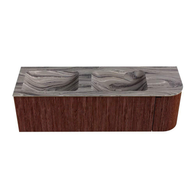 MONDIAZ KURVE-DLUX Meuble de salle de bains 145cm arrondi à droite couleur Ruby avec 1 tiroir et 1 porte. Lavabo LEAF Double / Gauche 2 trous de robinet Sombra.