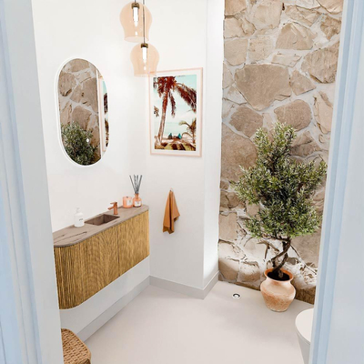 Mondiaz JOYA-DLUX 93.2cm toiletmeubel - ronding links en rechts kleur Oak - Wastafel FAYE positie Midden 1 kraangat kleur Arena.