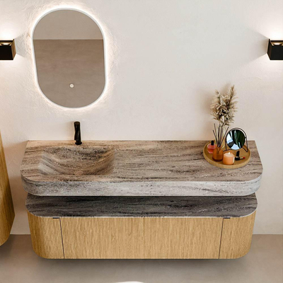 MONDIAZ THOR-DLUX 160cm badmeubel ronding links + rechts kleur Oak met 1 lade en 2 deuren. Vrijhangende wastafel CLOUD Links 1 kraangat kleur Oza.