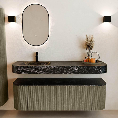 MONDIAZ THOR-DLUX 150cm meuble de salle de bains arrondi gauche + droite couleur Shadow avec 1 tiroir et 2 portes. Vasque suspendue CLOUD Gauche 1 trou de robinet couleur Lava.