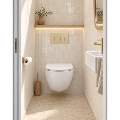 QeramiQ Dely Swirl Compact Toiletset - inbouwreservoir Geberit UP320 - met Burda frame - slim zitting - kunststof bedieningsplaat beige - rechthoekige knoppen - mat wit
