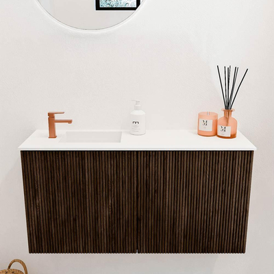 Mondiaz JOYA 80cm toiletmeubel - kleur Walnut - Wastafel FAYE positie Links 1 kraangat kleur Talc.