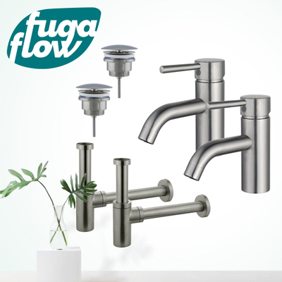 FugaFlow Eccelente Sobrado Badkamer Wastafelkraanset - voor dubbele wastafel - lage wastafelkraan - always open plug - design sifon - PVD Geborsteld RVS